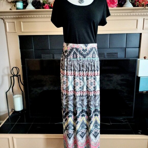 One World Medallion Paisley Maxi Skirt L Black Multi Pull On Boho EUC - Picture 1 of 9
